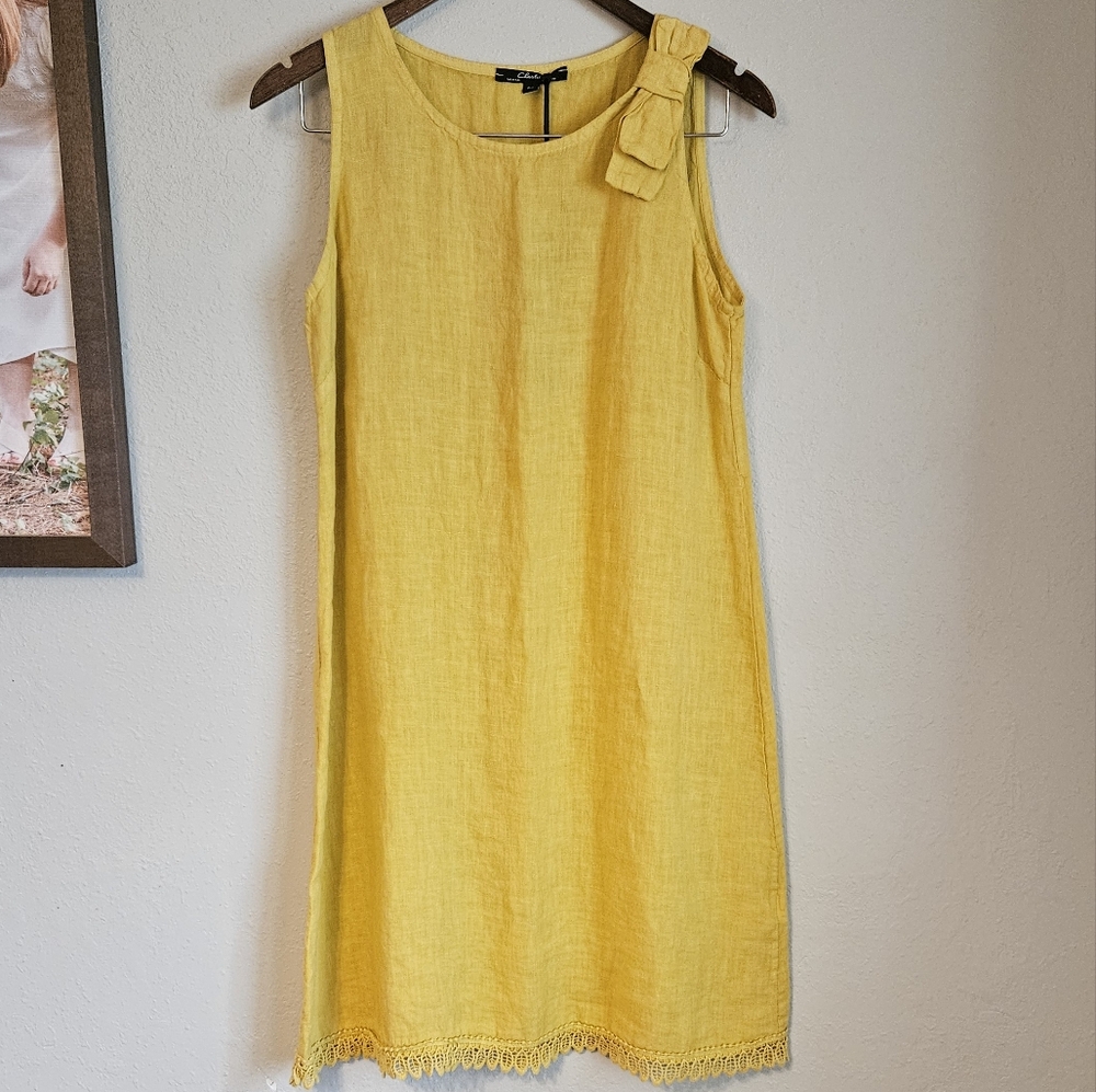 Charlie B Yellow 100% Linen Lace Trim Sleeveless Dress Sz Small NWT